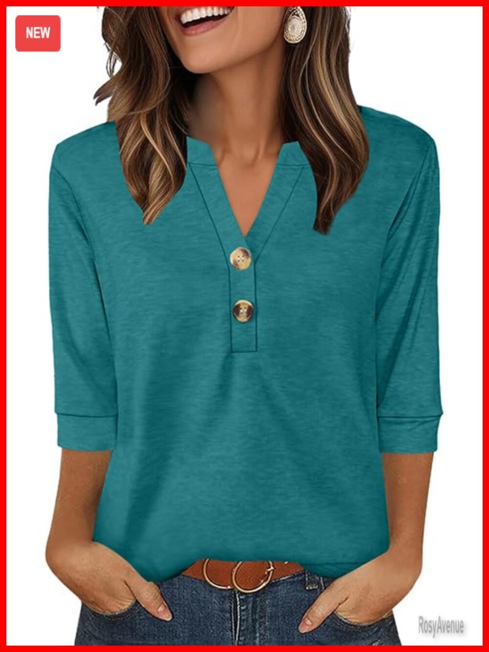 Womens 3/4 Sleeve Henley Shirt V-Neck Button Loose Fit Top